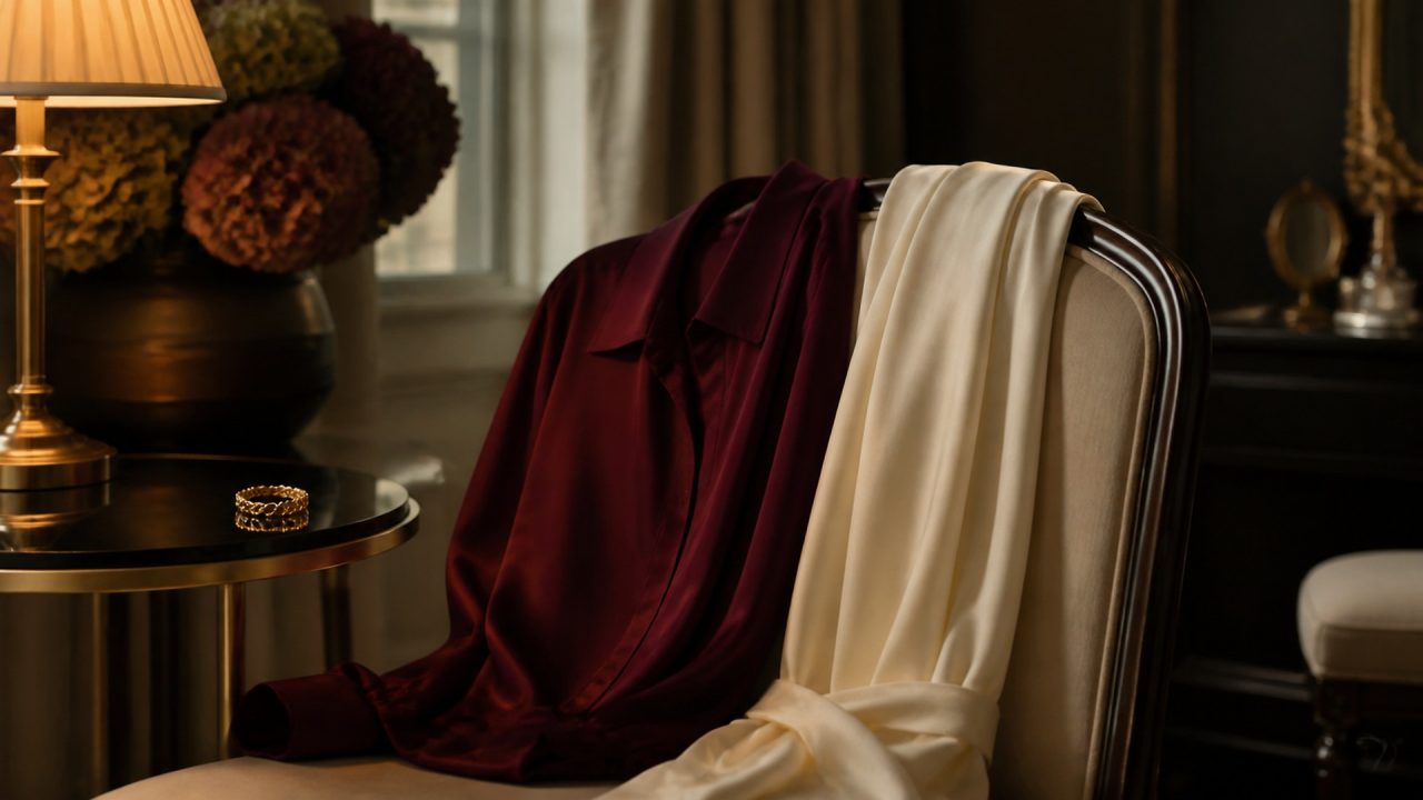 Burgundy silk blouse and ivory robe draped over an elegant chair beside a gold bracelet and warm lamp.