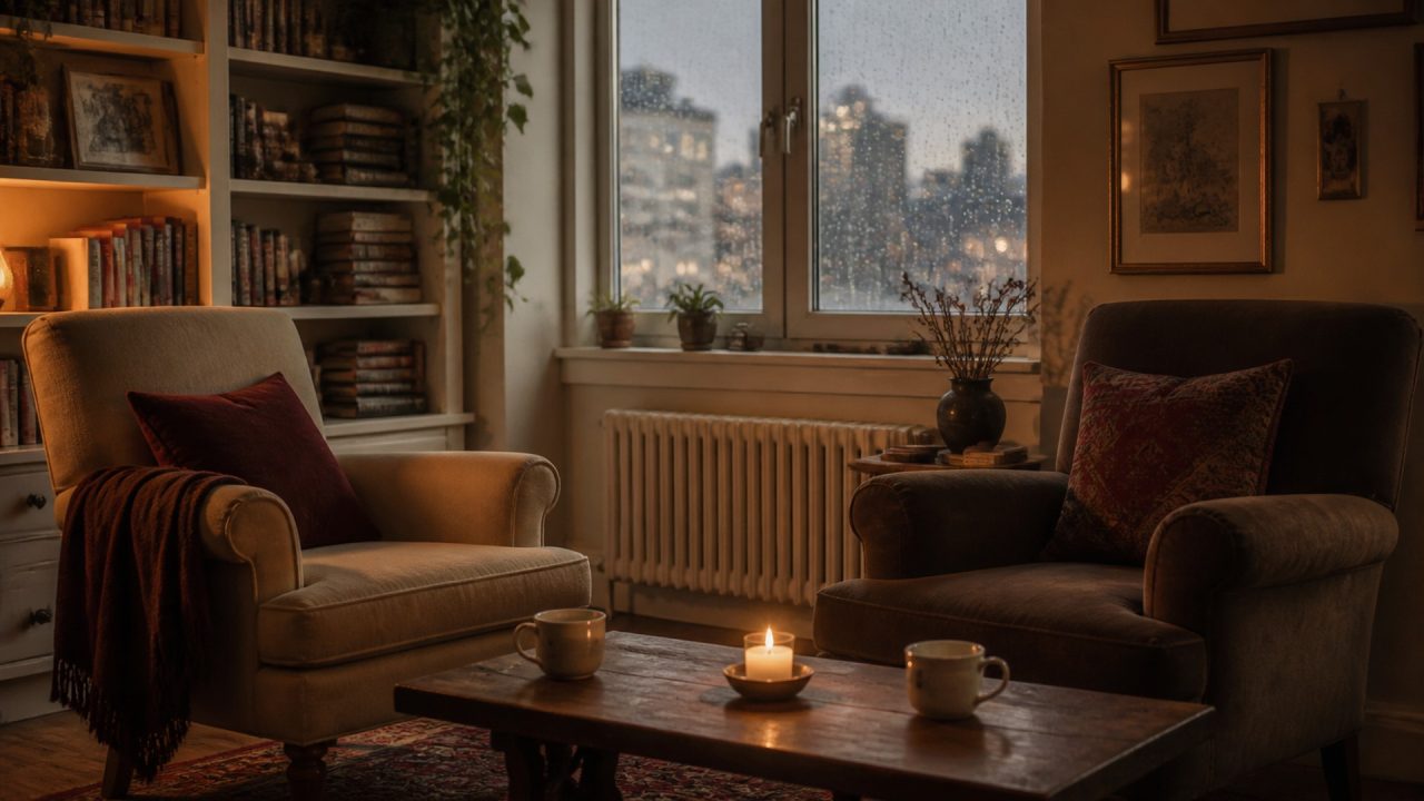 Two armchairs, ceramic cups, candle, bookcase, and a rain-softened city window in a warm apartment living room.