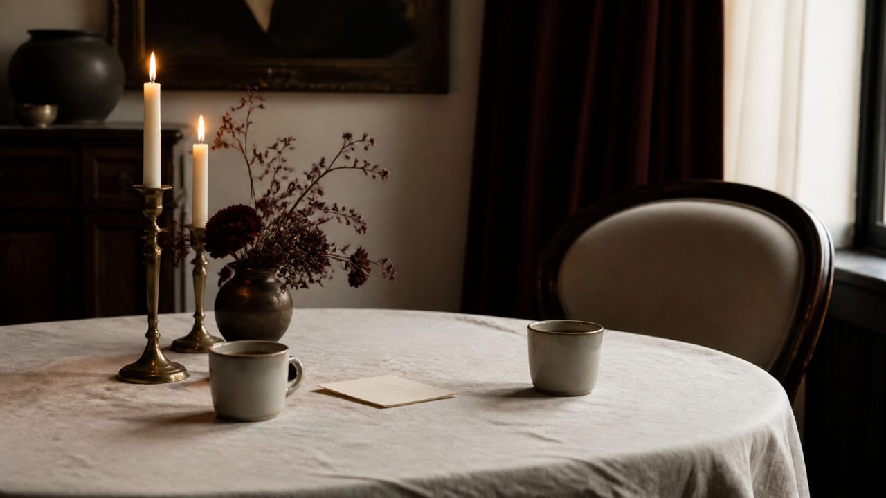 Two ceramic cups, a candle, and an unmarked note card on a small table prepared for an evening at home.