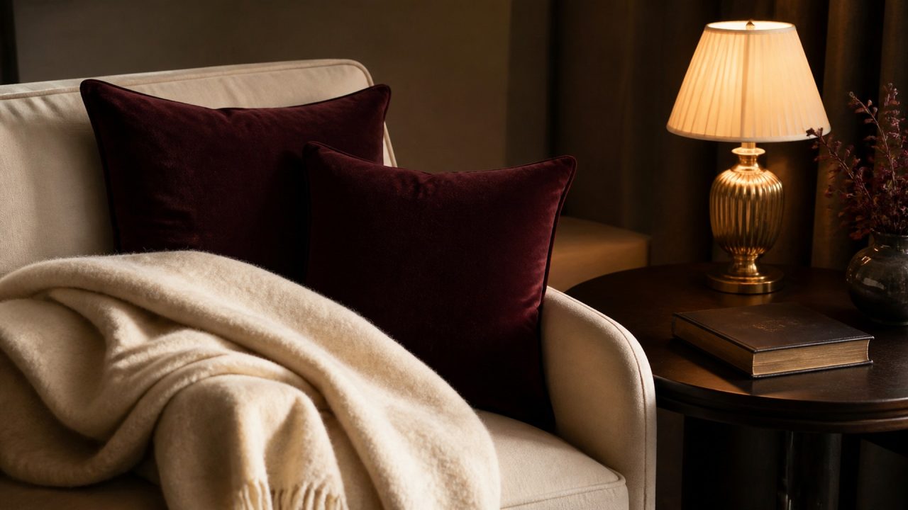 Ivory throw, burgundy cushions, warm lamp, and closed book arranged on a sofa for a quiet evening at home.