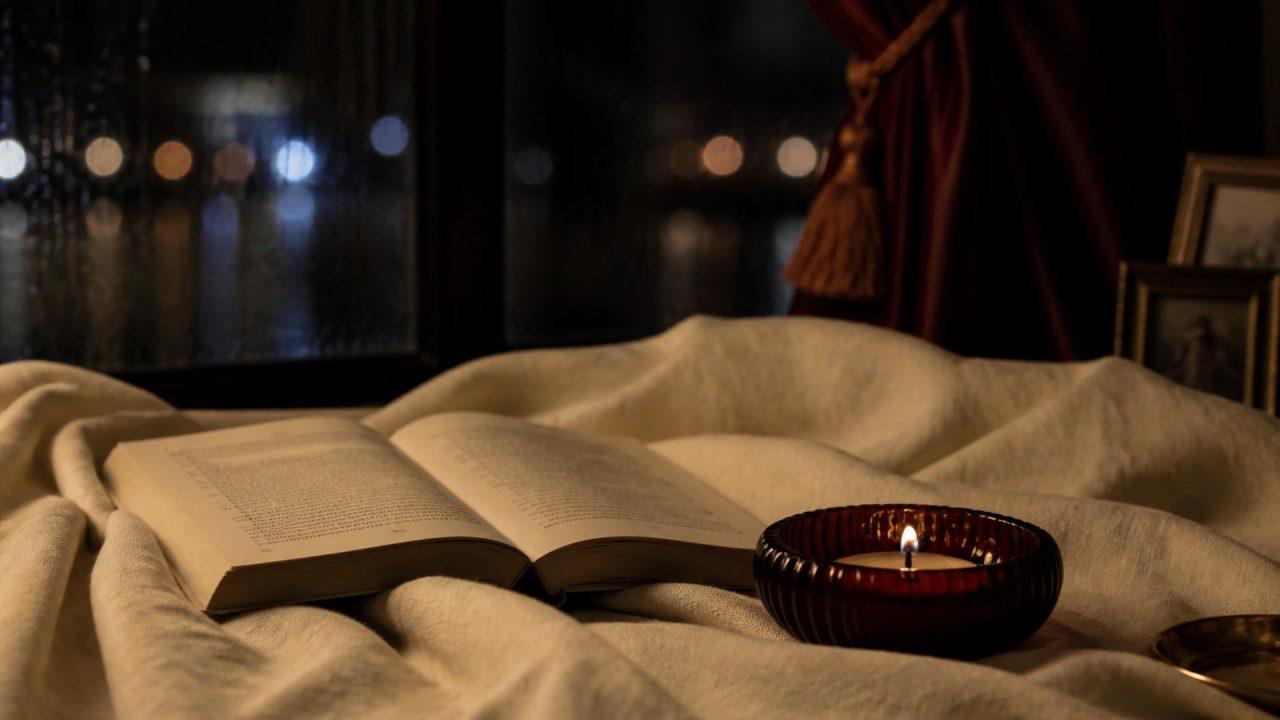 Nearly burned-down candle, open book, ivory linen, and rain reflections at a dark city window.