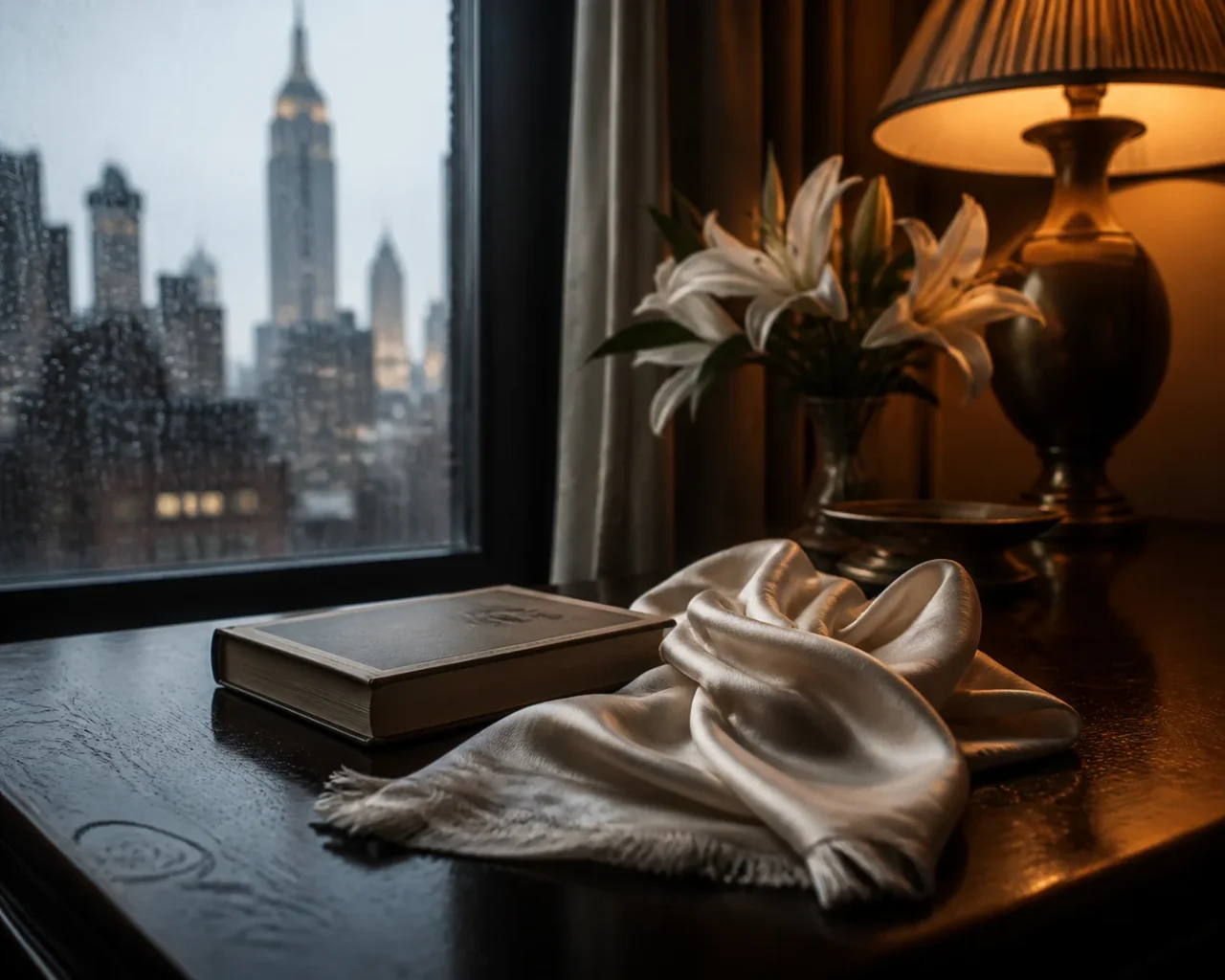 A rain-lit city window, a closed book, and a silk scarf on a dark wooden table.