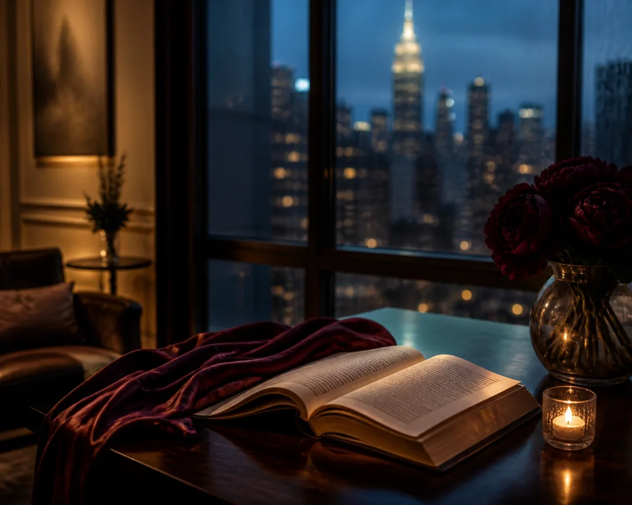 Open novel, burgundy silk scarf, and candle beside a rain-softened New York window at blue hour.