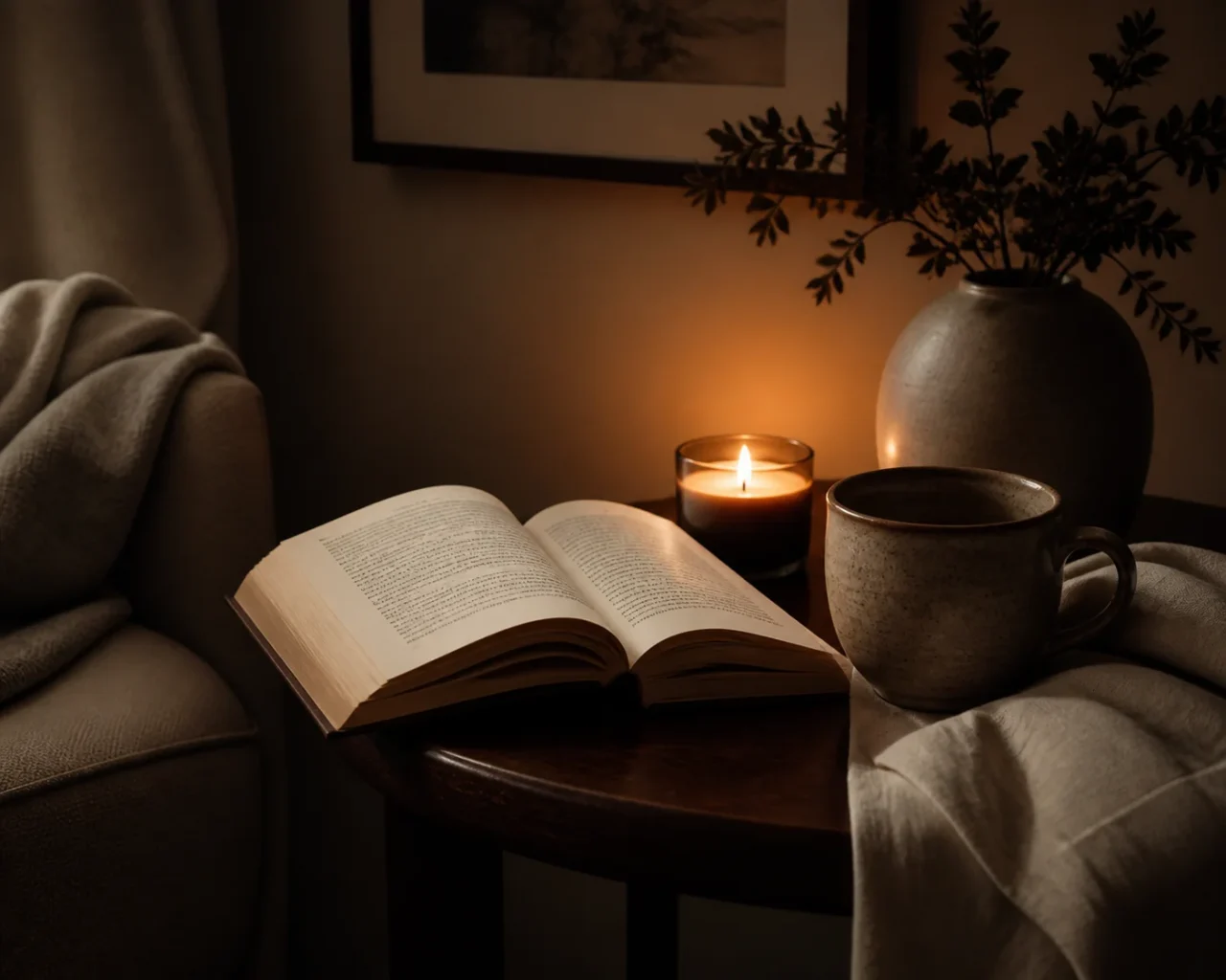 A candle, an open novel, and a ceramic cup beside soft linen in a low-lit reading corner.