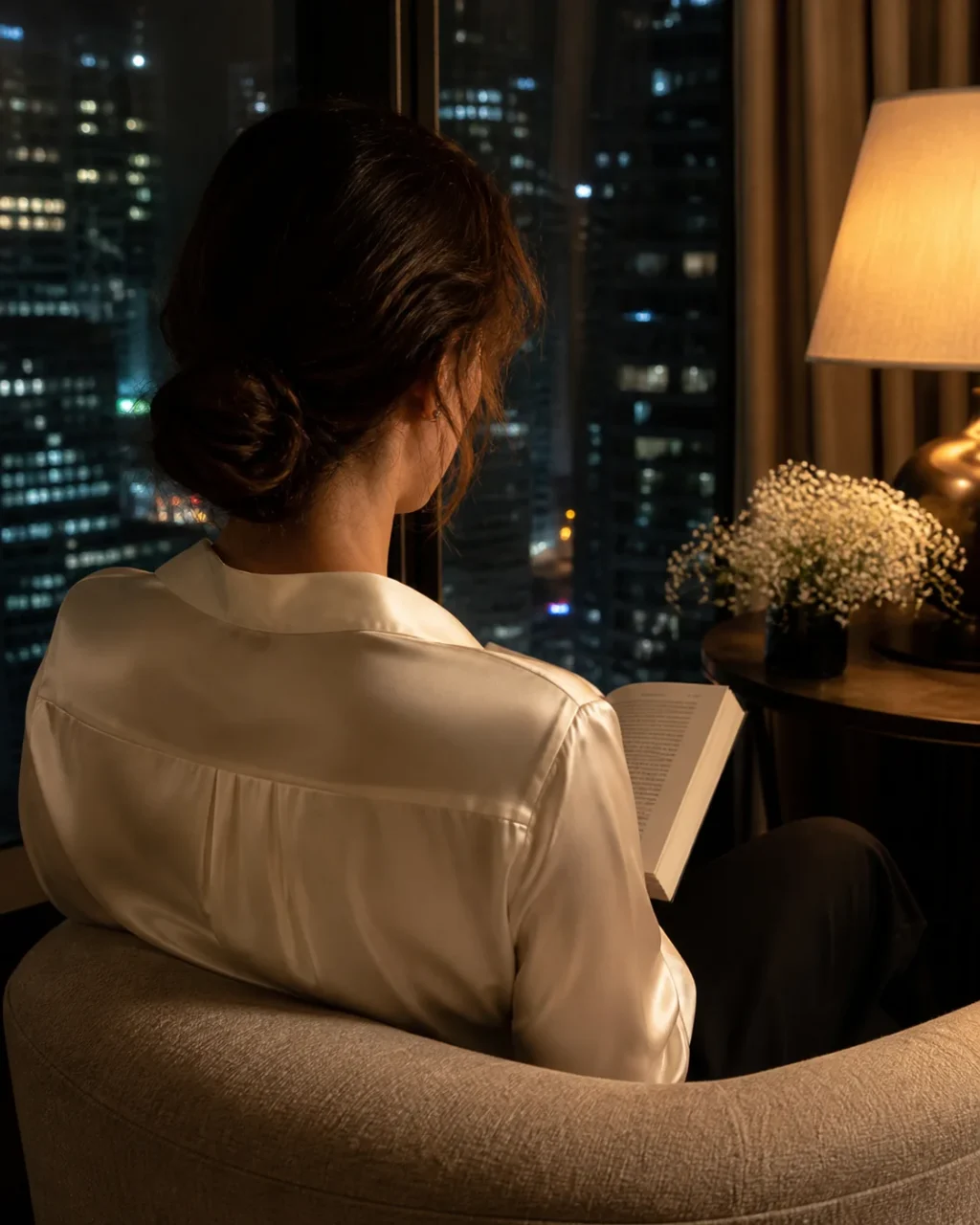 An adult woman in an ivory silk blouse reading beside a warm lamp, shown from behind in a quiet apartment.