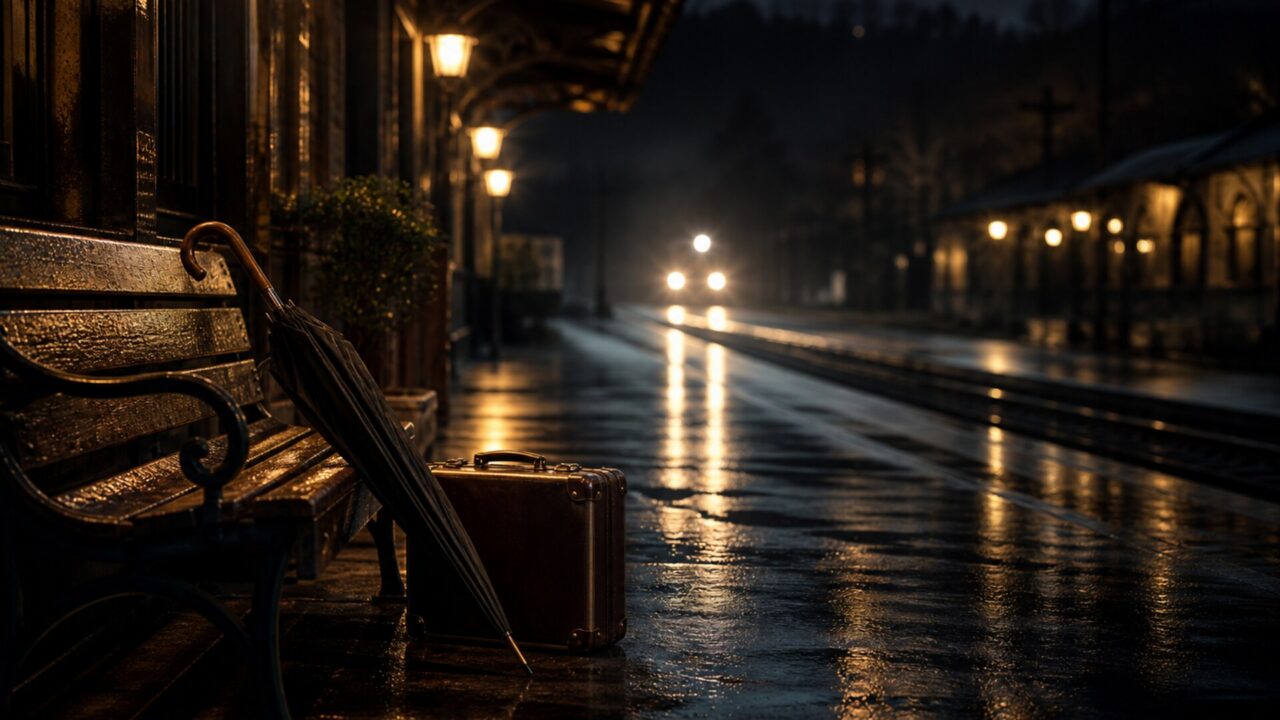 Rain-wet railway platform at midnight with warm lights, a suitcase, and a closed umbrella.