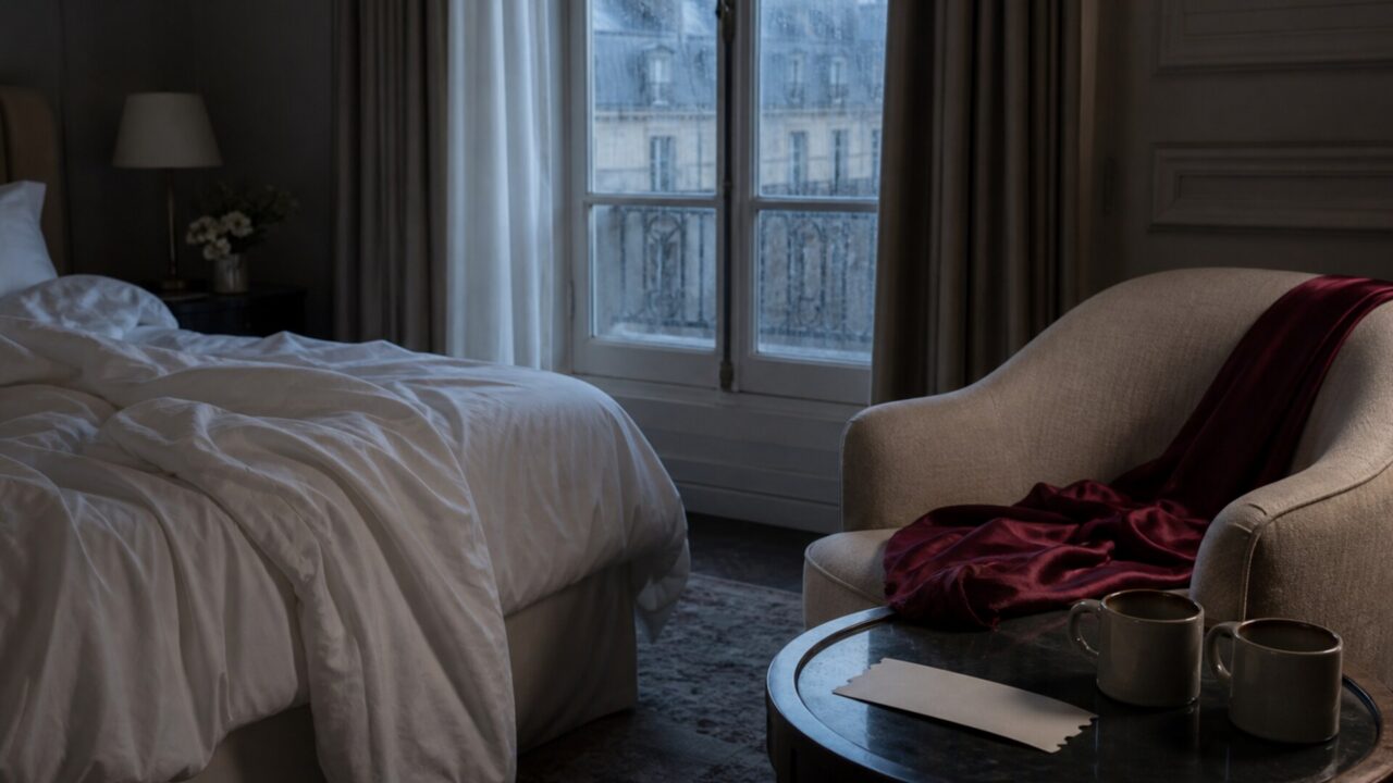 Quiet hotel room at dawn with ivory linen, tea, a scarf, and a train ticket.