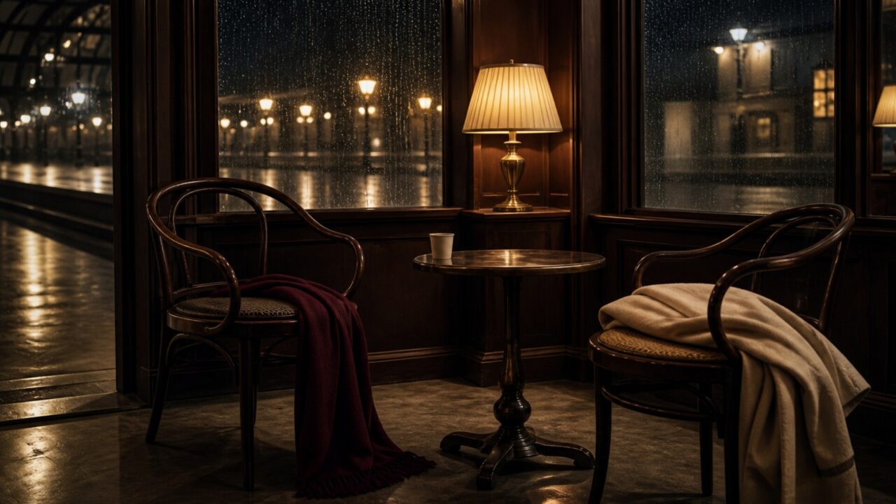 Quiet railway waiting room with two empty chairs, tea, and a burgundy scarf at night.