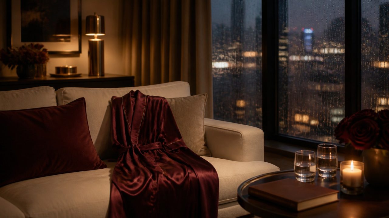 Ivory sofa, burgundy silk robe, candle, book, and rain-lit city window in a private evening setting.