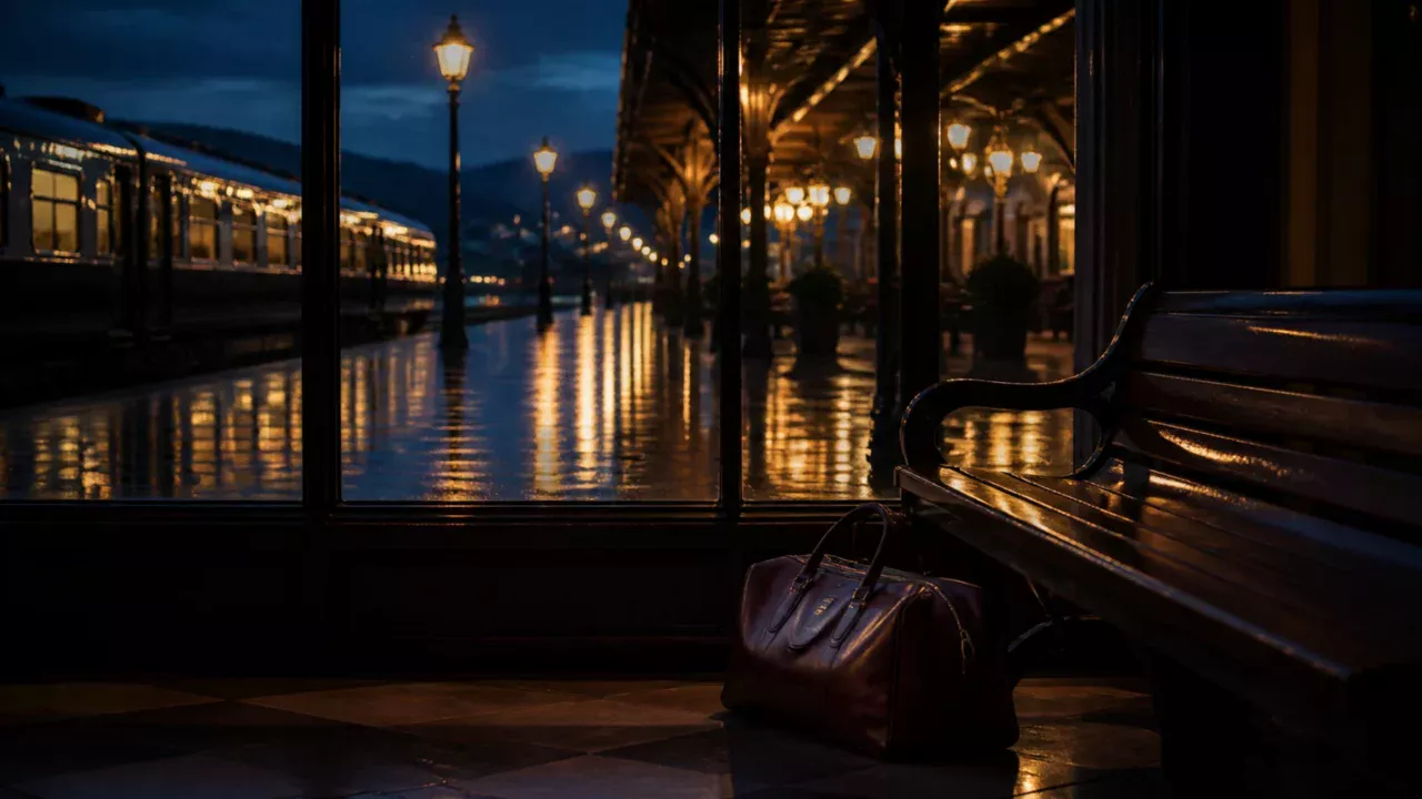 Rainy train platform at blue hour with a leather overnight bag beside a bench.