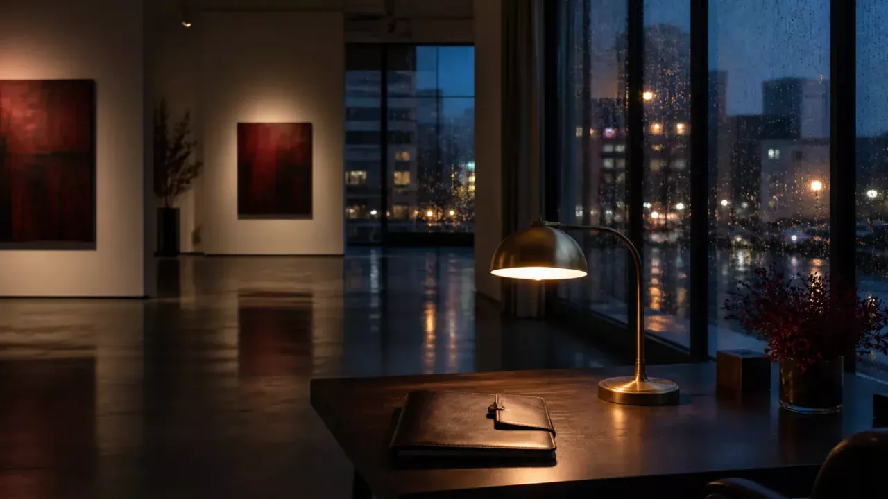 Warm brass lamp and black portfolio in a rain-lit contemporary gallery after closing.