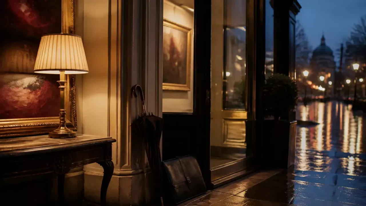Warm lamp, folded umbrella, and black portfolio at a gallery entrance on a rainy evening.