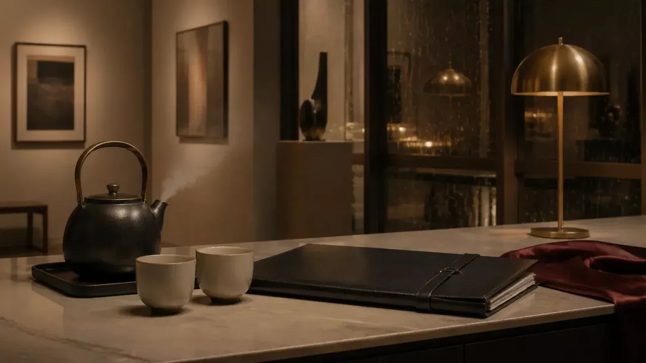 Two tea cups, a dark portfolio, and a warm lamp in a quiet gallery kitchenette at night.