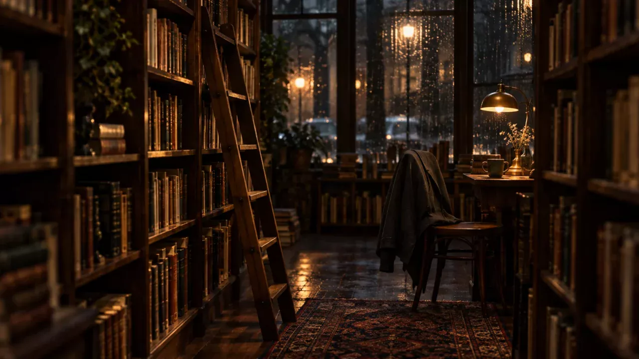 Quiet bookshop aisle with wooden shelves, a ladder, a chair, and warm lamplight beside rainy windows.