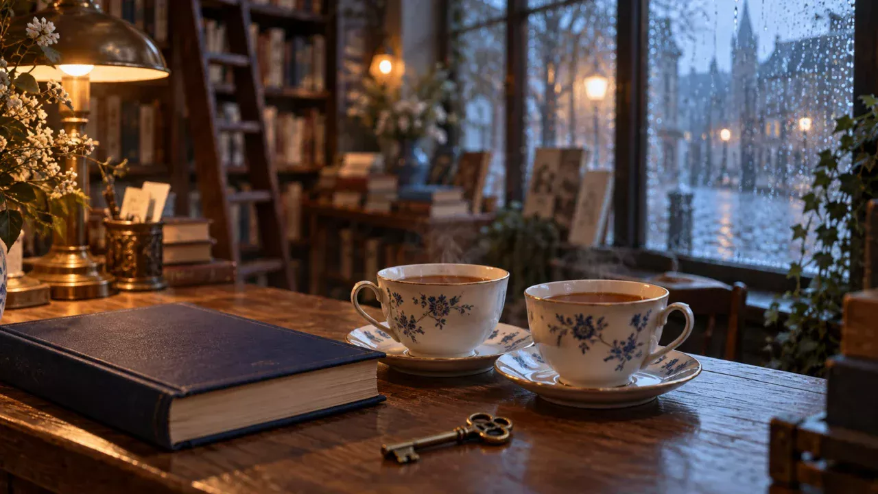 Two cups of tea, a navy hardback, and a brass key on a bookshop counter at a rain-wet dawn.