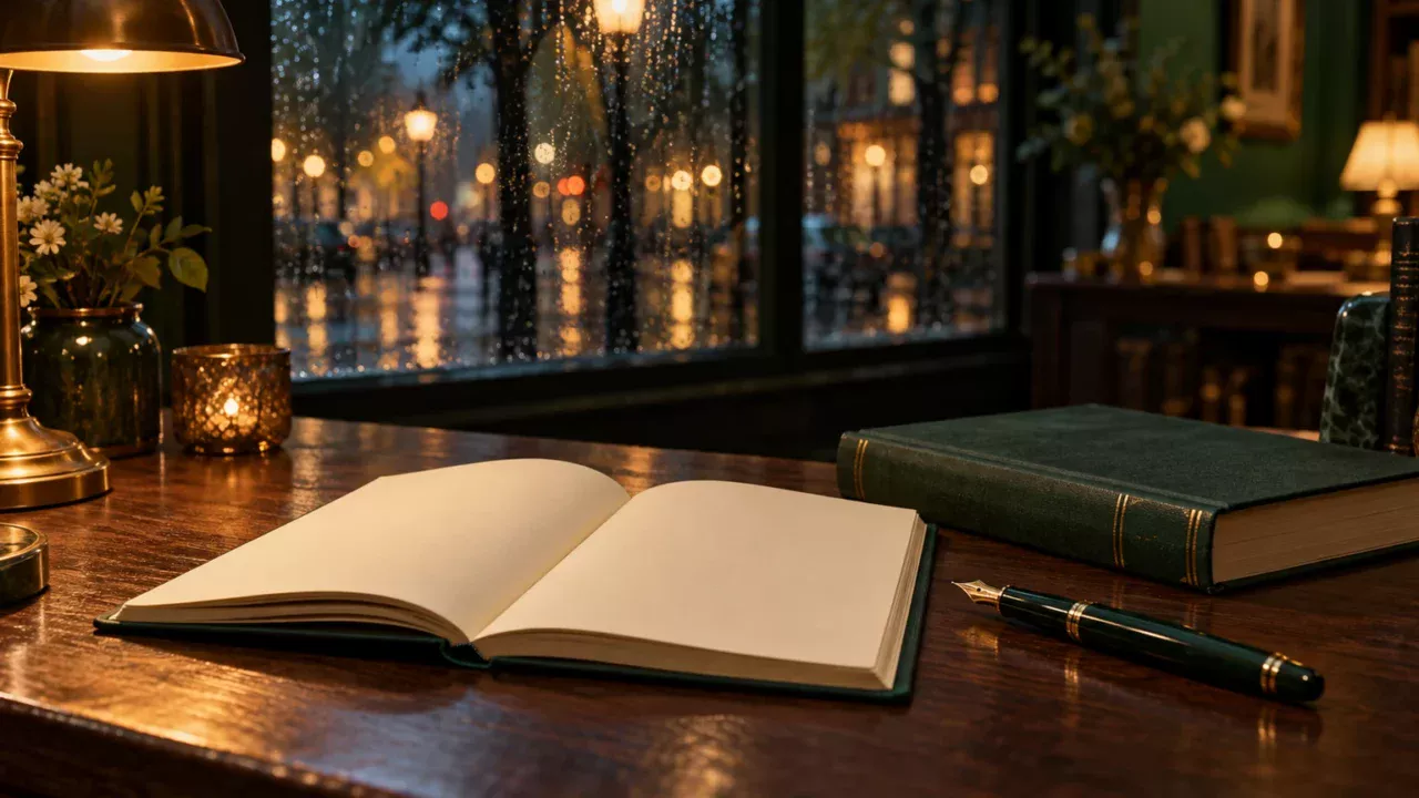 Fountain pen, blank cream notebook, and closed book on a walnut counter in a softly lit bookshop.