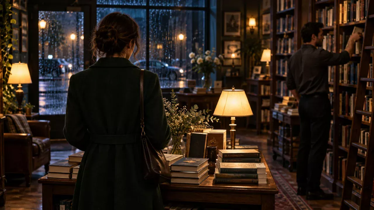 Woman in a dark green coat browsing a warmly lit bookshop as rain falls outside and a bookseller works nearby.