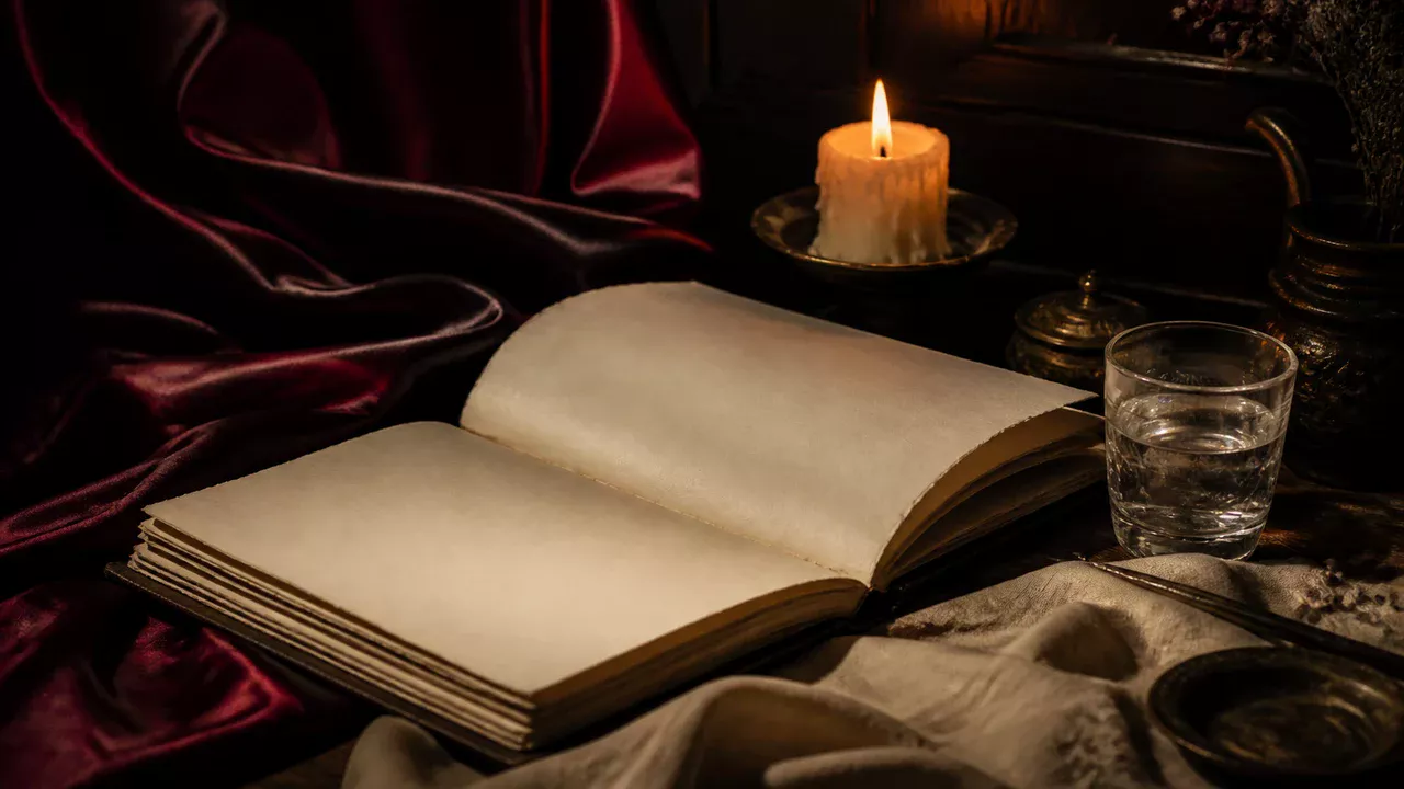 Open book beside a low candle, a clear glass tumbler, ivory linen and burgundy silk in a dark evening setting.