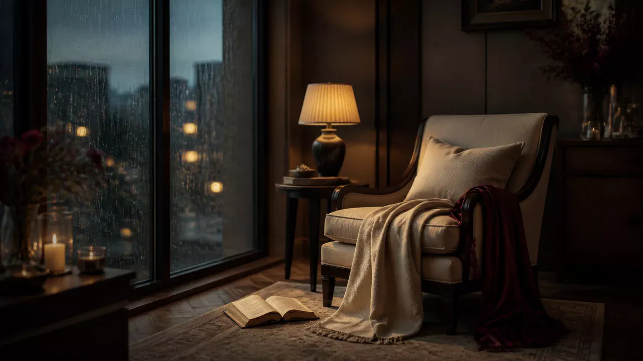 Candlelit reading chair beside a rain-speckled window with an open book and ivory linen.