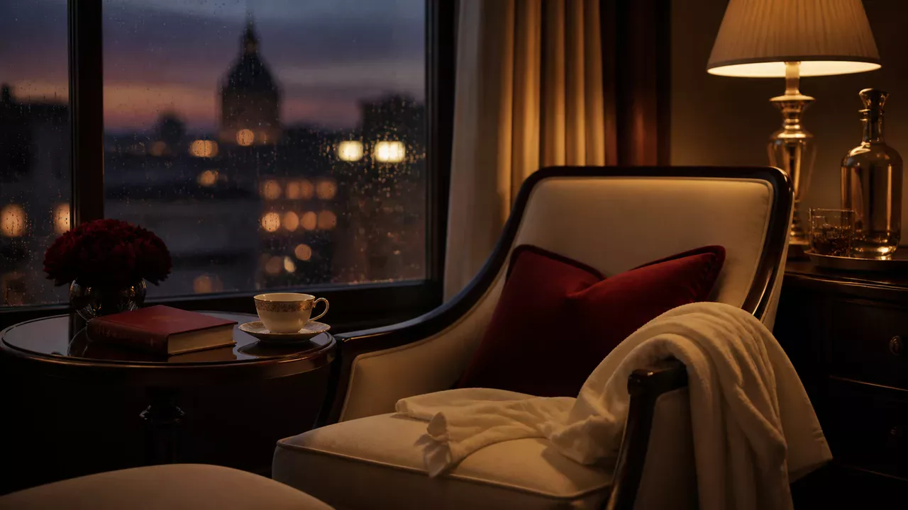 Evening reading chair beside a rain-speckled window with a book, porcelain cup and warm lamp.