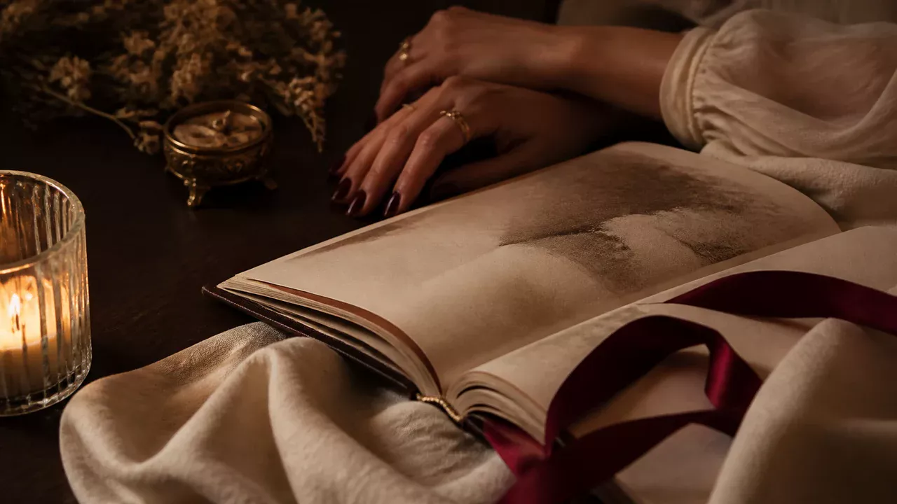 Two hands resting near an open book on an espresso wood table in warm candlelight.