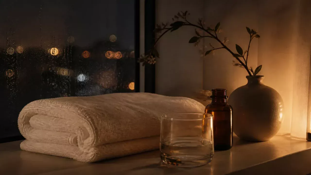 Folded ivory towels, a clear water glass, an amber bottle, and a single branch beside a rain-softened window in warm light.