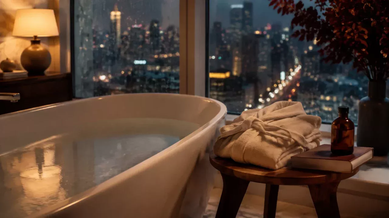 Freestanding white bath beside folded ivory linen and a rain-softened city window in warm evening light.