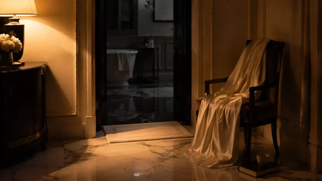 Cream silk robe on a chair at the entrance to a softly lit bathroom, with a bath mat and book nearby.