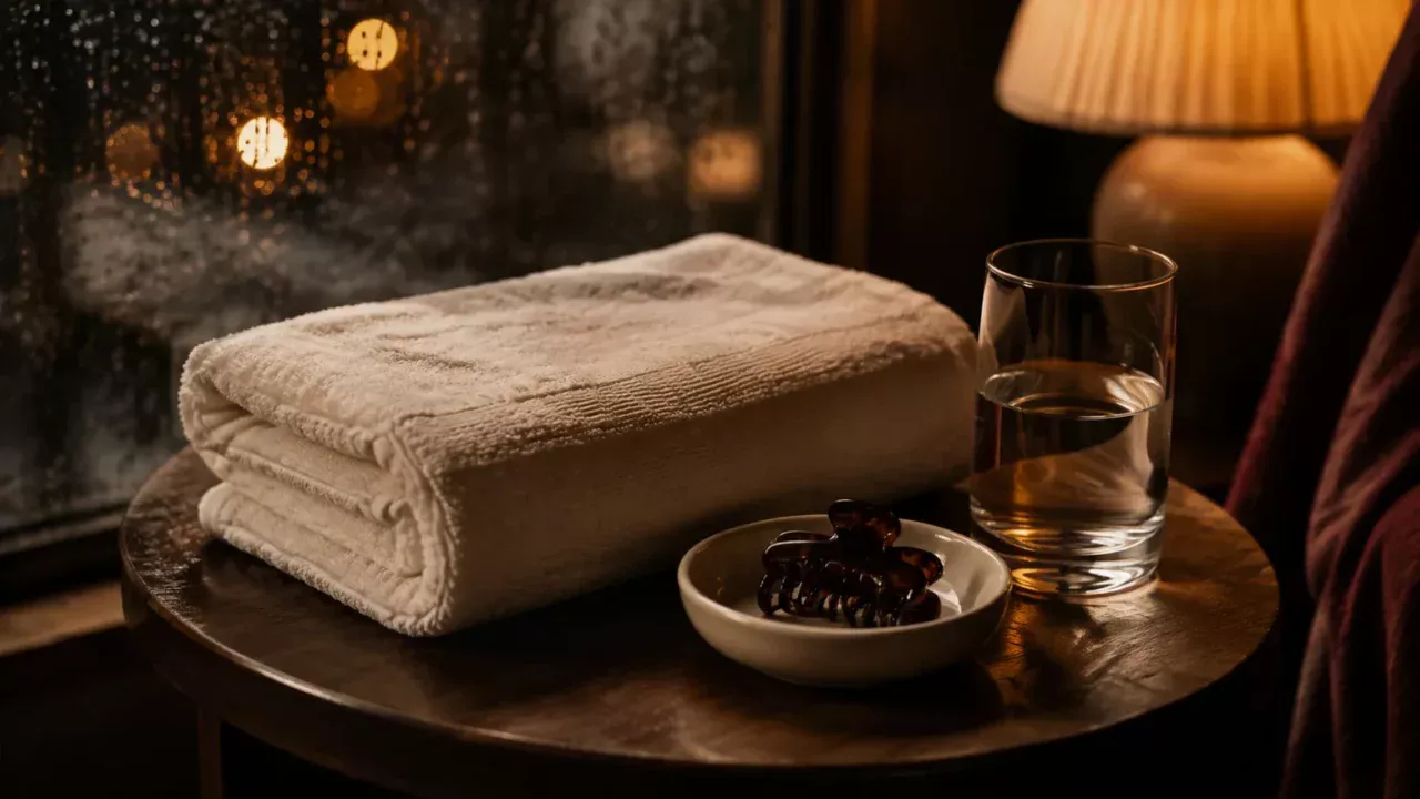 Folded ivory towel, a glass of water, and a ceramic dish on a dark wood table beside a warm lamp.