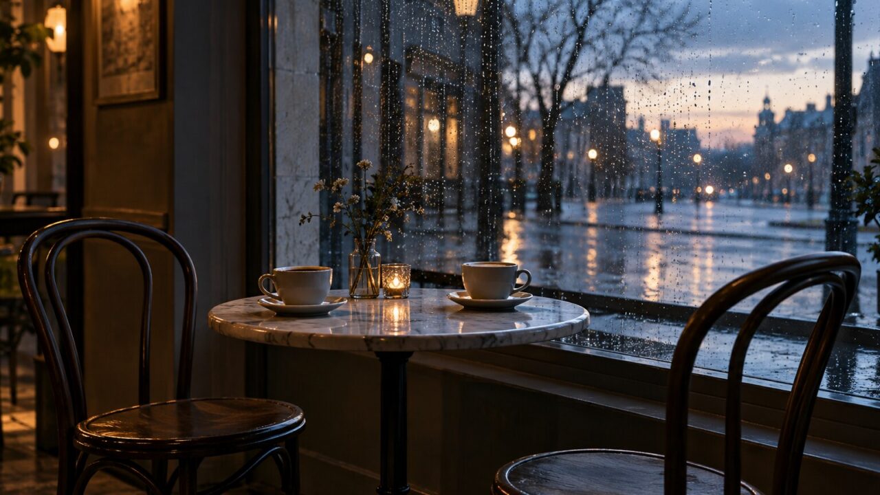 Two coffee cups on a marble café table beside a rain-softened window before dawn.
