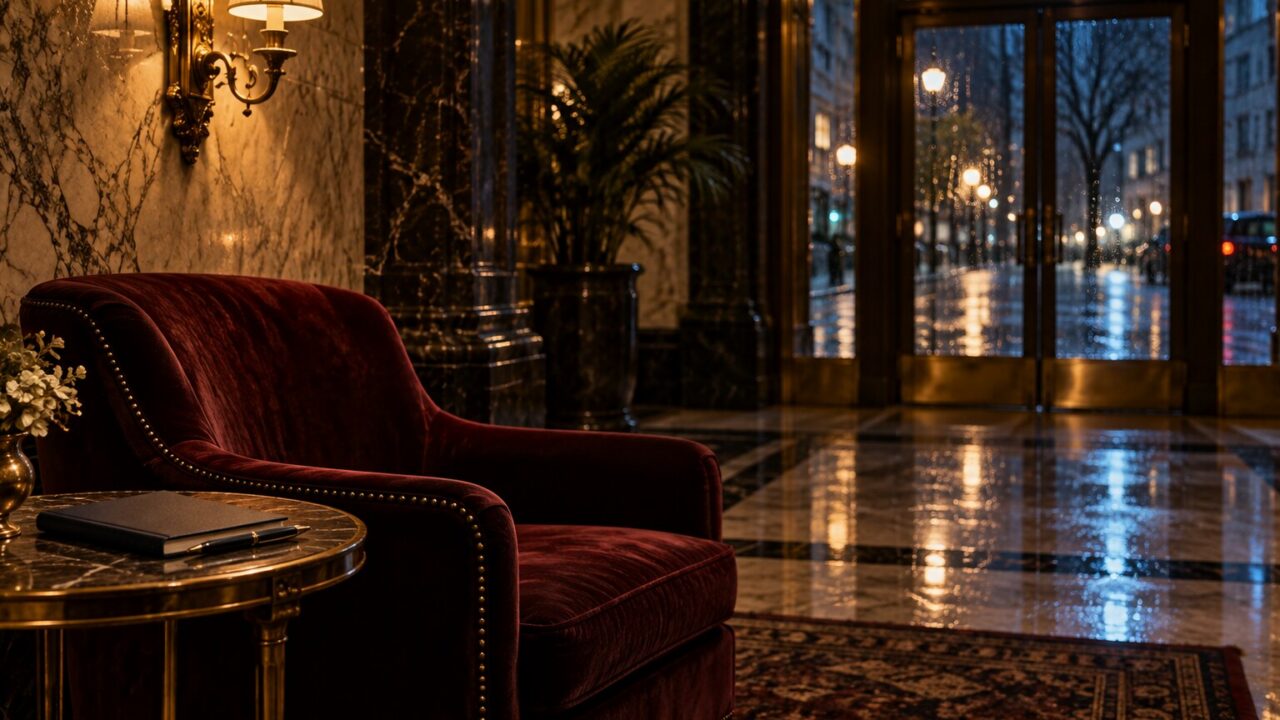 An empty velvet chair, closed notebook, and pen in a rain-lit apartment lobby at midnight.