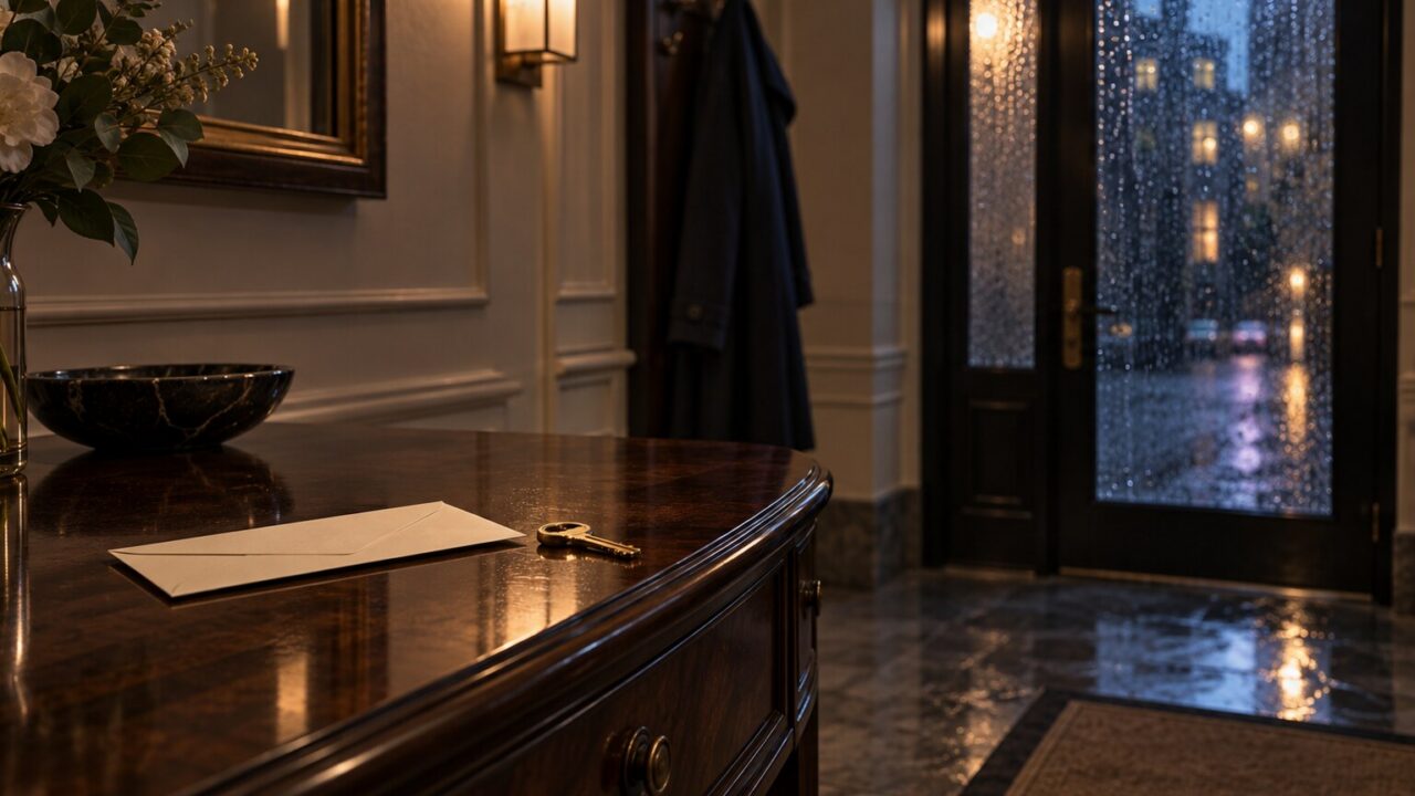 An unmarked cream envelope and a brass key on a walnut console beside a rain-lit apartment entrance.